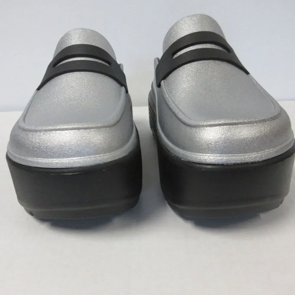 CROCS Stomp Metallic Penny Loafer Mens Sz 6 Black Silver Platform Clog Shoes NEW